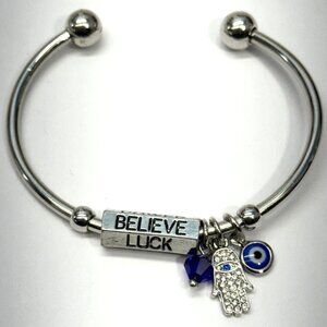 Hamsa evil eye power luck believe charm silver cuff bracelet